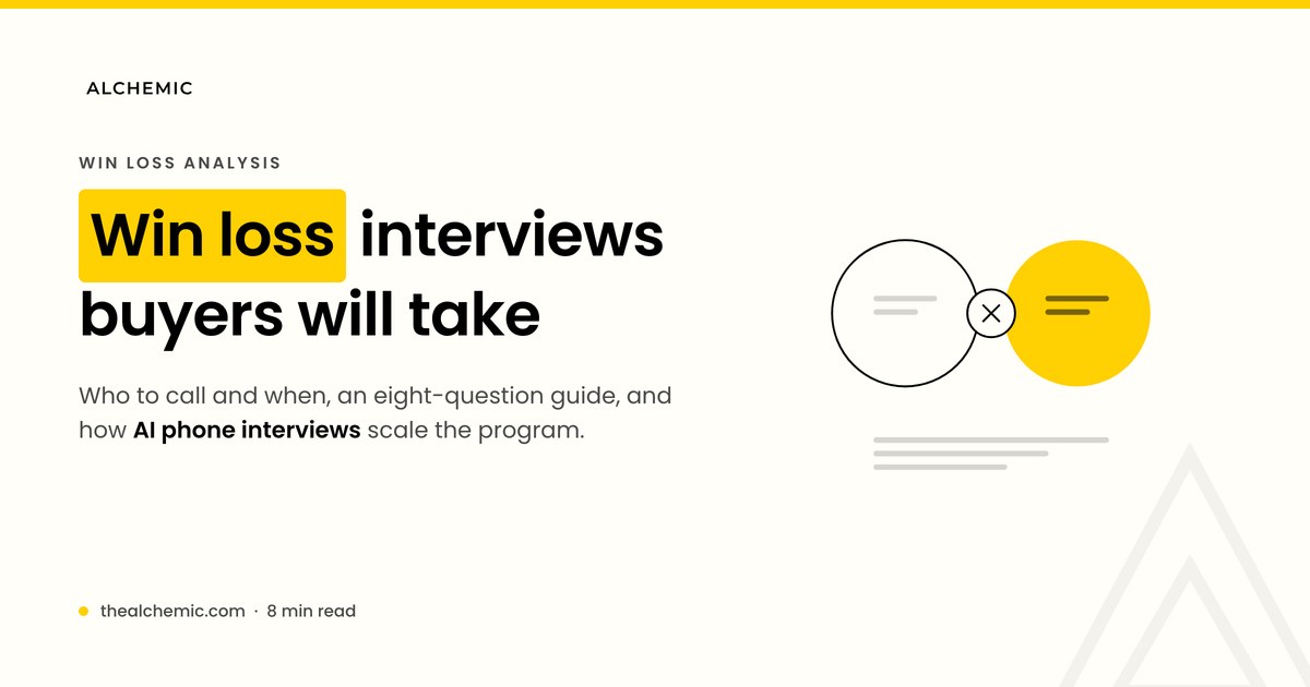 Banner for a guide to win loss analysis interviews, showing won and lost deals feeding one set of buyer interviews