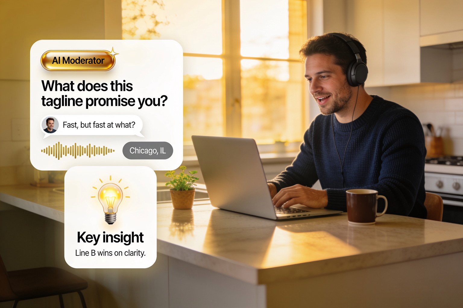 A US consumer in Chicago answers an Alchemic AI-moderated message test on his laptop, with the moderator's tagline question, his quote and a key insight on screen