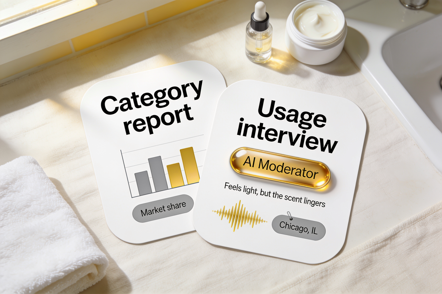 A syndicated category report card beside an Alchemic usage interview card with a quote from a US shopper in Chicago about scent and texture