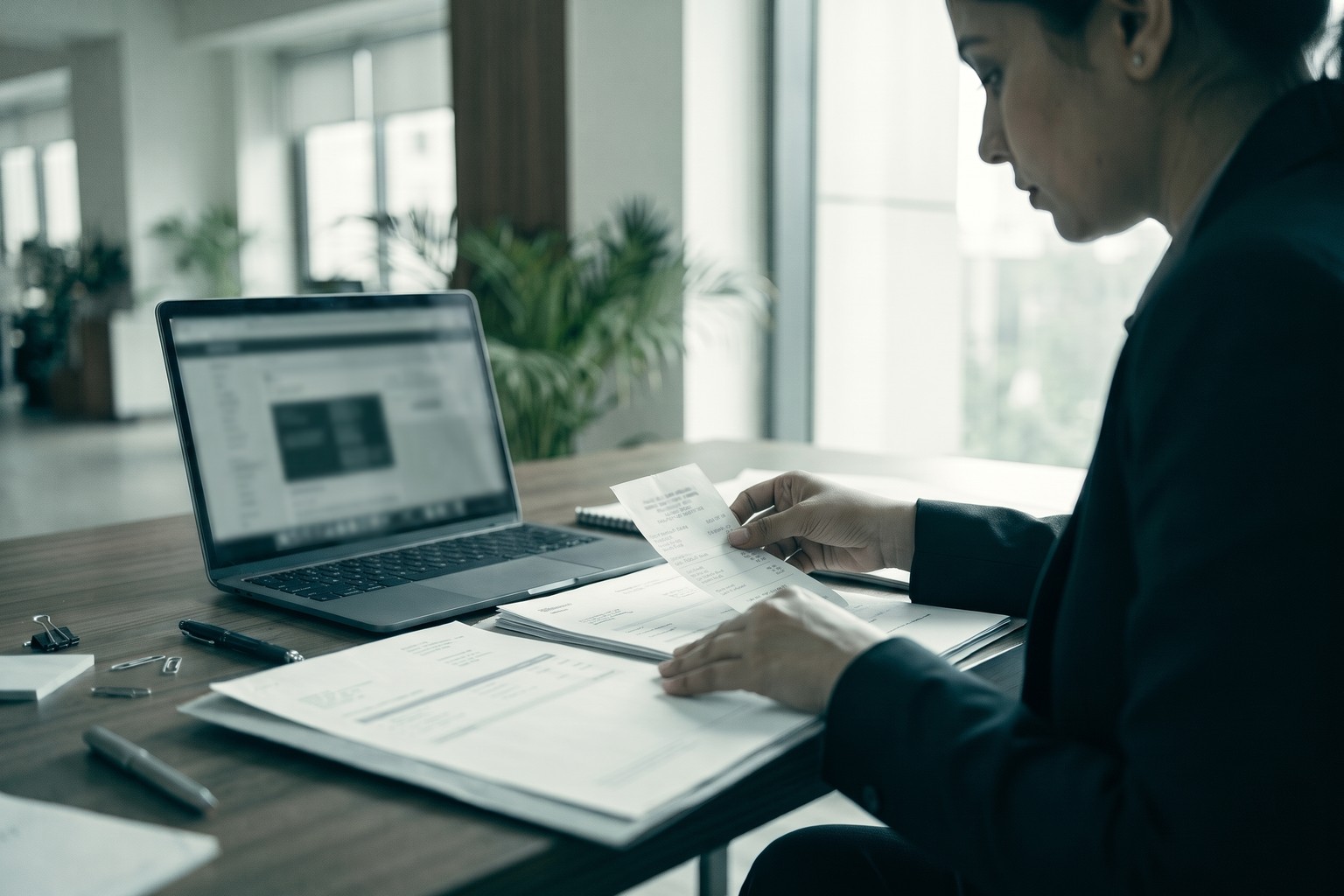 A compliance professional in New Delhi reviewing a property tax receipt and licence documents, the record check step in LexComply's MCD trade licence process
