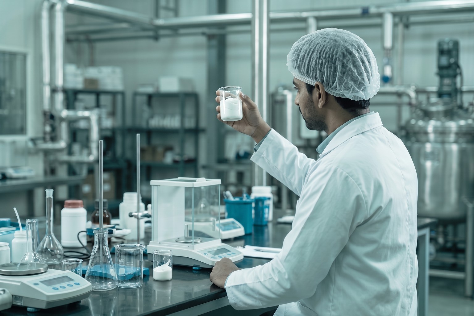 A quality-control chemist in an Indian cosmetics factory checking a cream sample, the technical staff and testing step in LexComply's cosmetic manufacturing license process