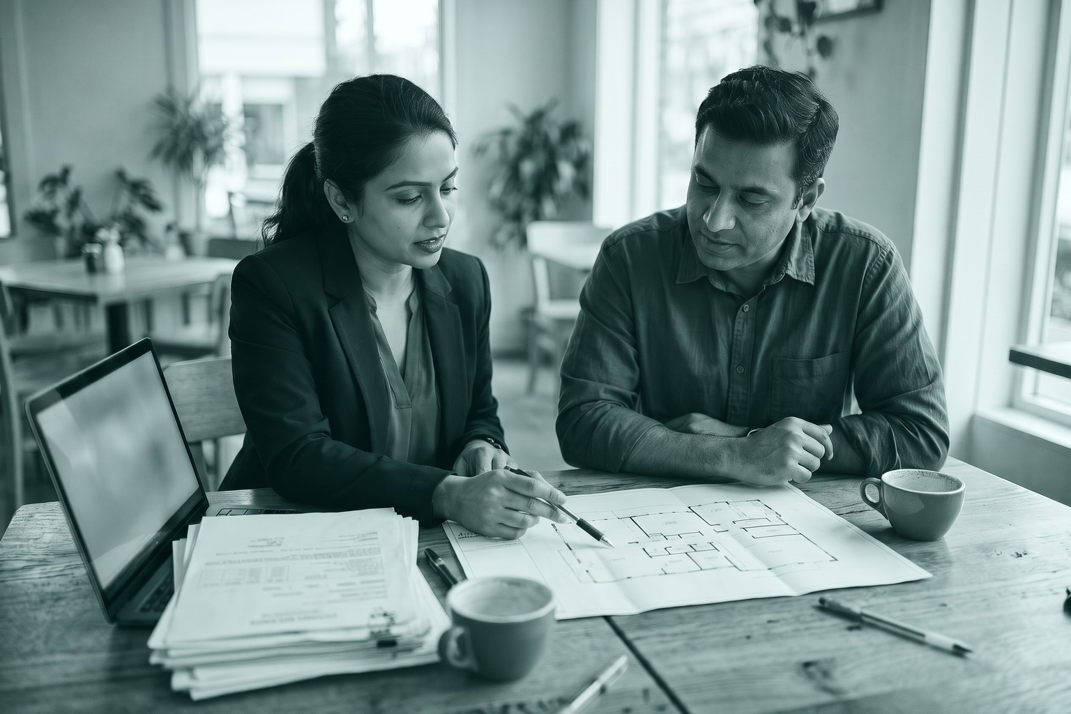A LexComply compliance professional reviewing a restaurant floor plan and licence file with the restaurant's manager
