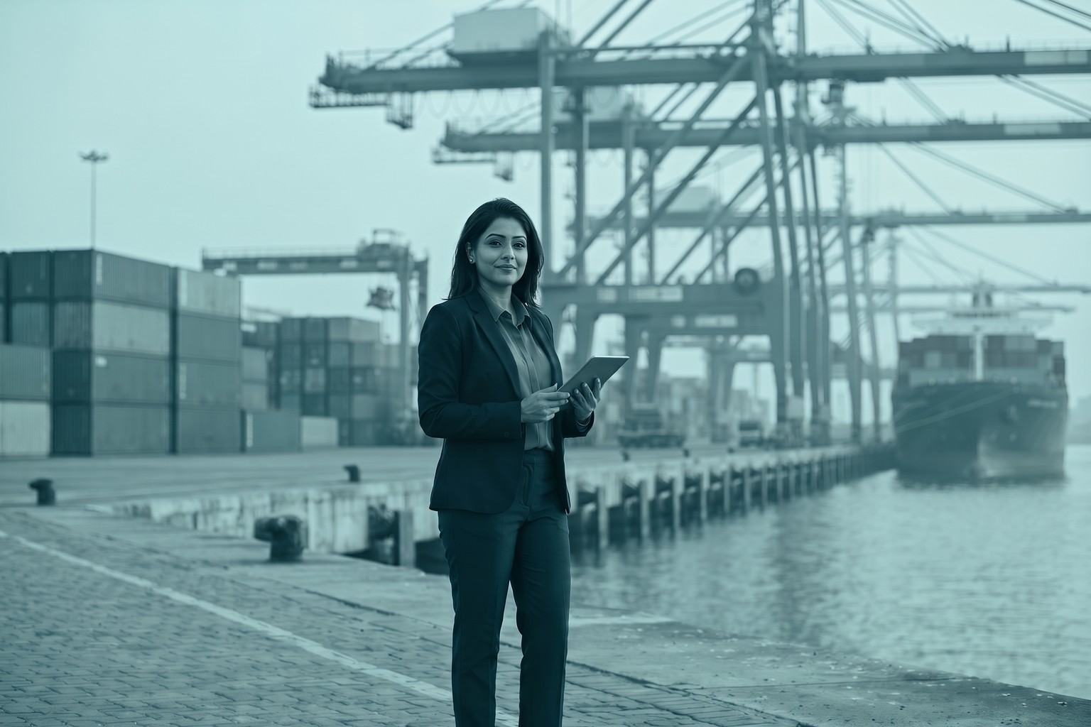 An Indian business owner with a tablet at a container port in India, representing LexComply's import export code registration service for importers and exporters in India