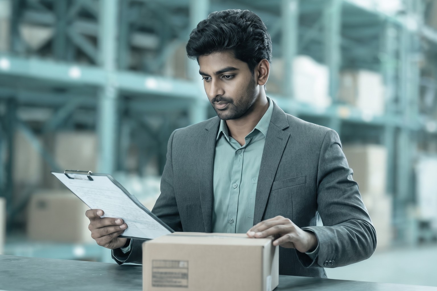 A compliance officer in India checking a carton label against a document, the label and declaration review step in LexComply's LMPC registration process