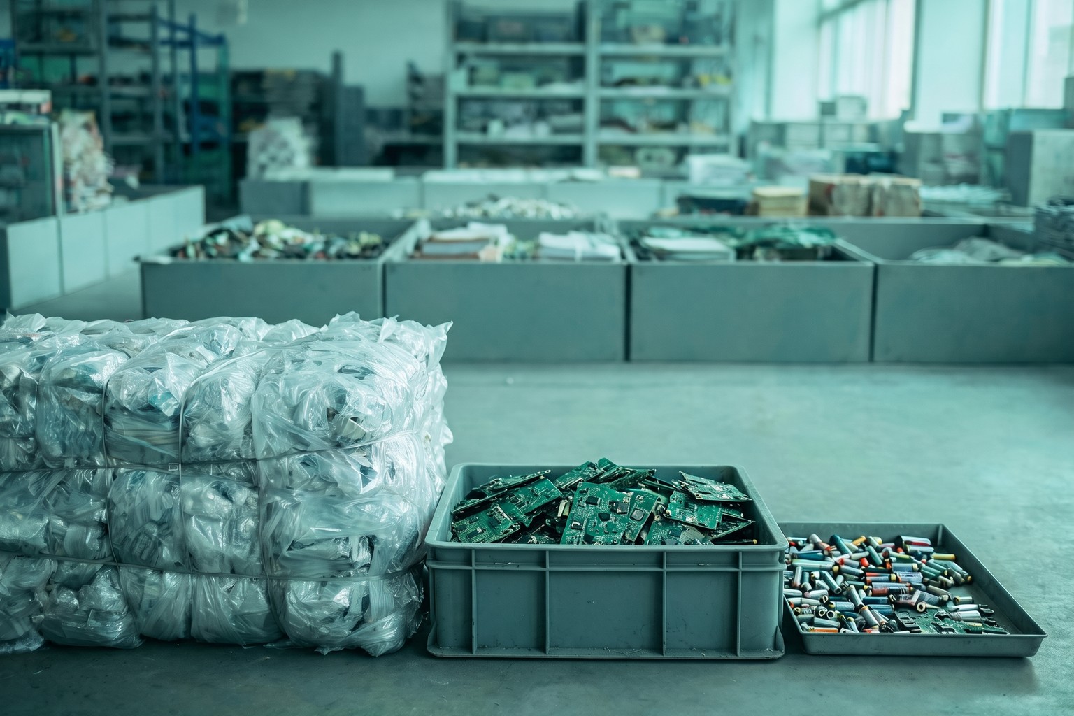 Sorted plastic packaging, circuit boards and used batteries in a recycling facility, the three waste streams an EPR consultant manages in India