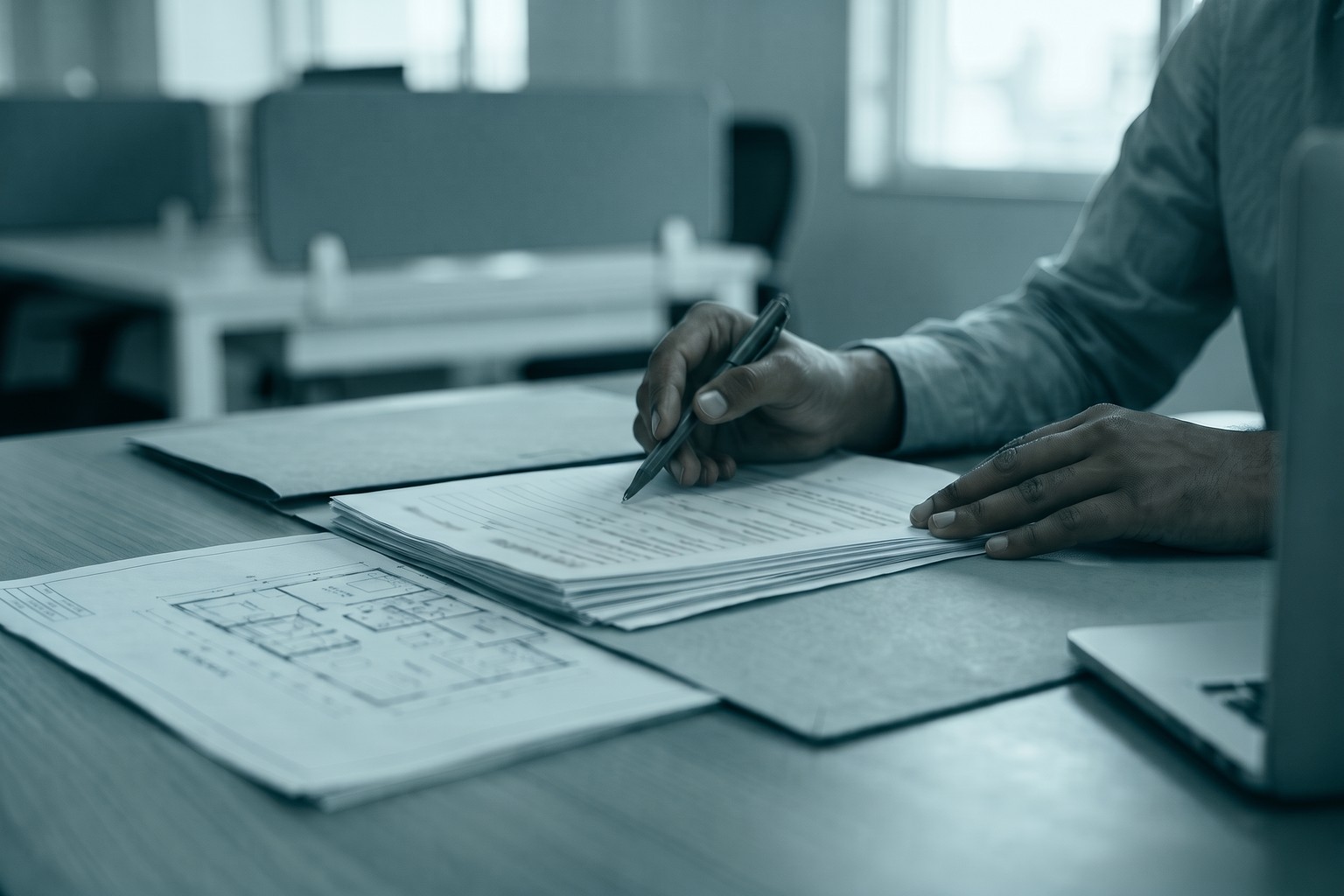 A compliance professional reviewing a clinic floor plan and licence application documents, the preparation step in LexComply's clinic trade licence process