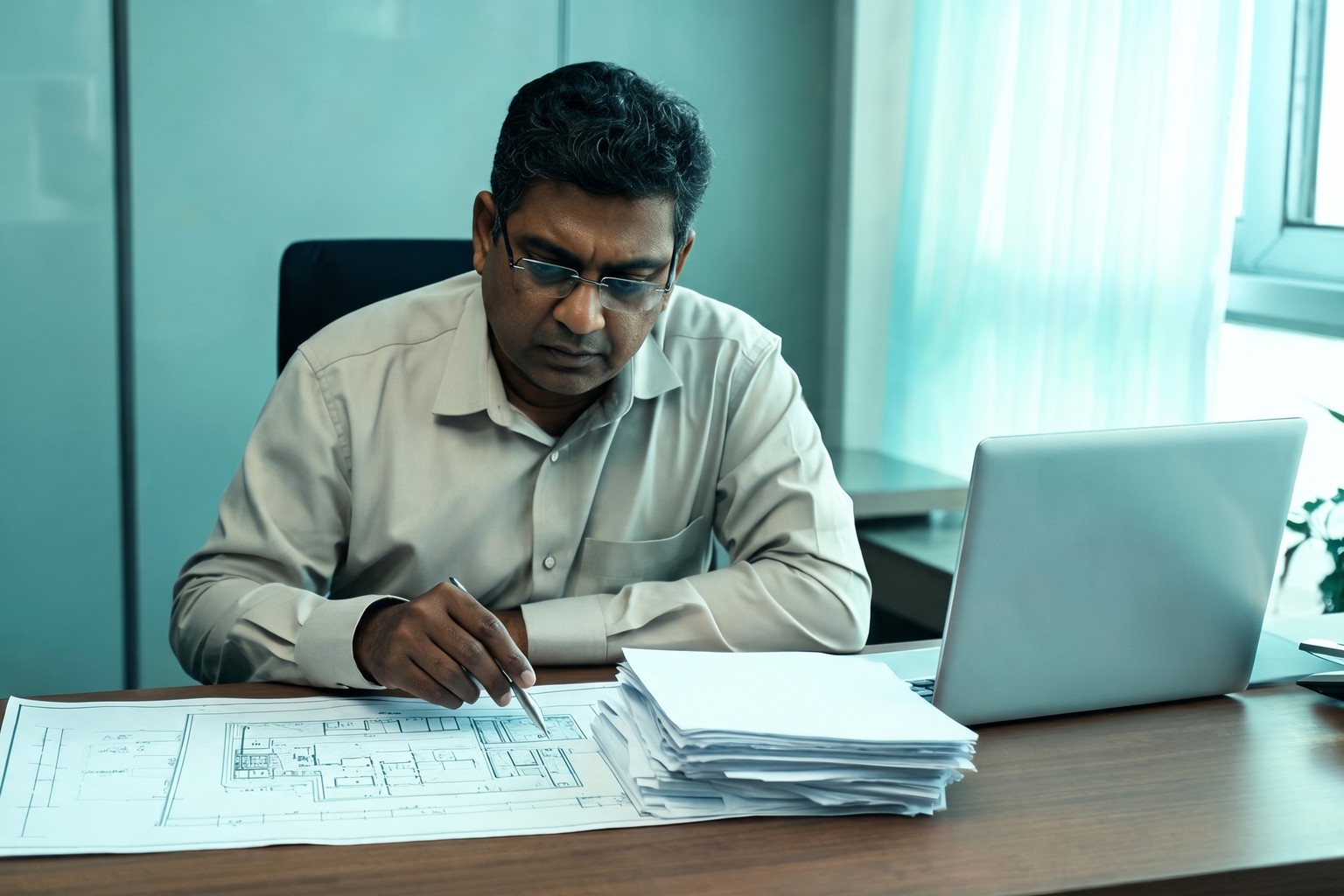 A compliance professional in India reviewing a factory site plan and application file, the document preparation step in LexComply's factory license registration process