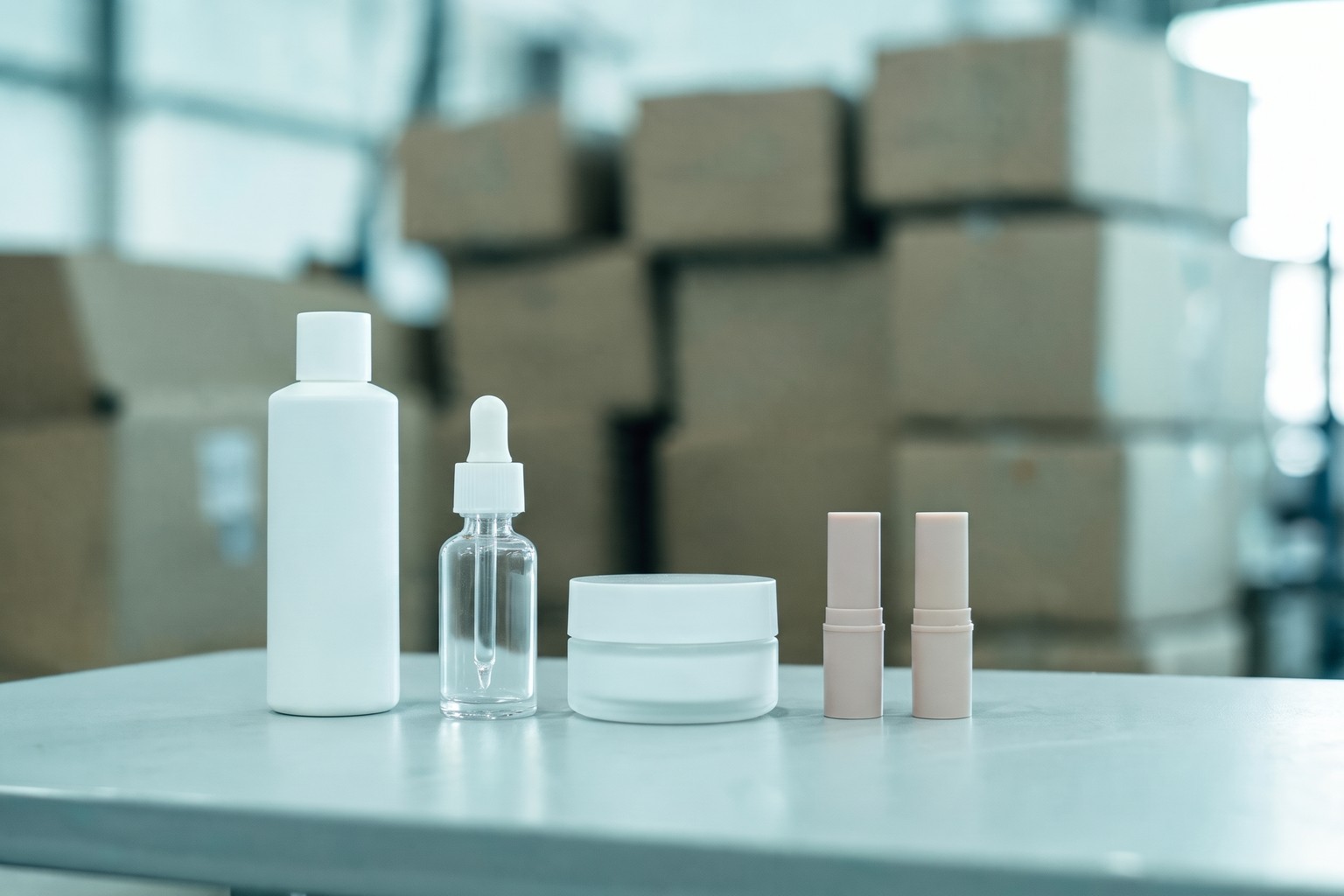 Imported skincare and cosmetic products on an inspection table in an Indian warehouse, representing LexComply's cosmetic import license services for importers and brands