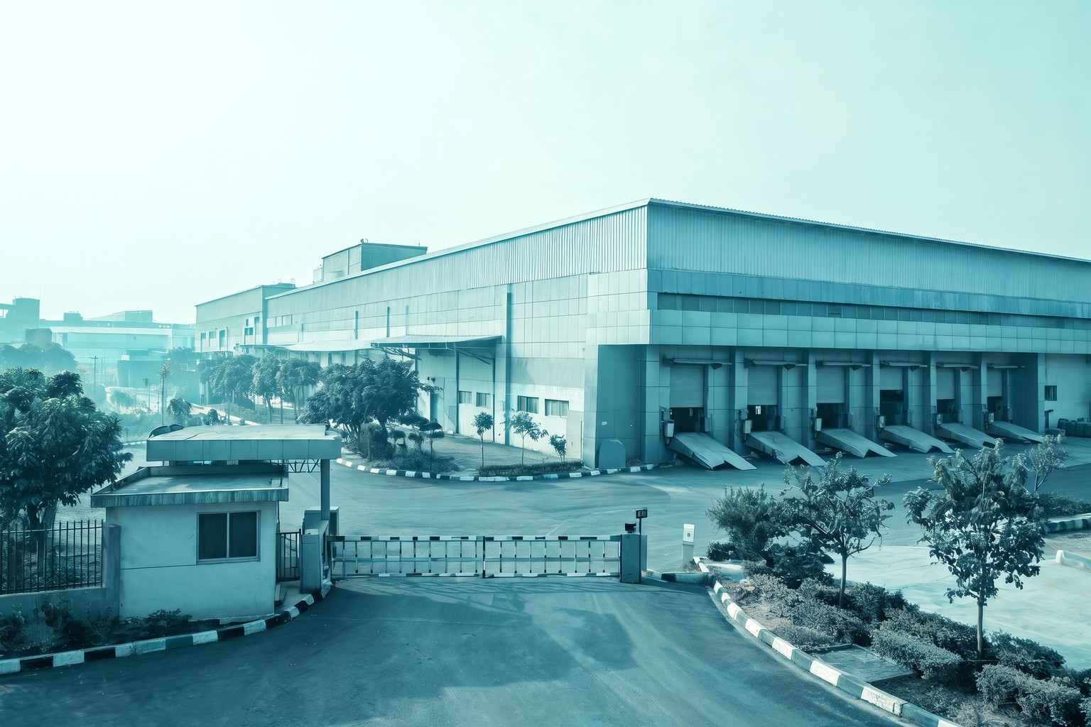 A factory building with loading bays in an Indian industrial estate, the kind of premises that needs a factory licence under the OSH Code