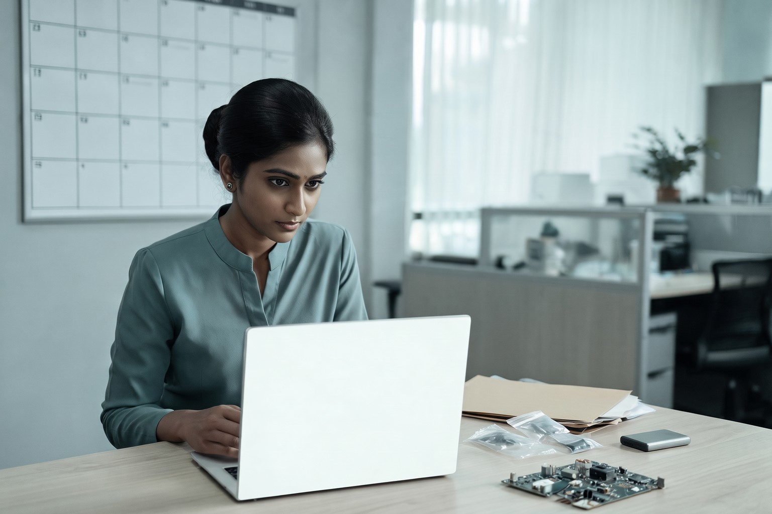 A compliance analyst in India working on EPR returns at a laptop beside packaging, battery and circuit board samples, representing LexComply's EPR compliance services