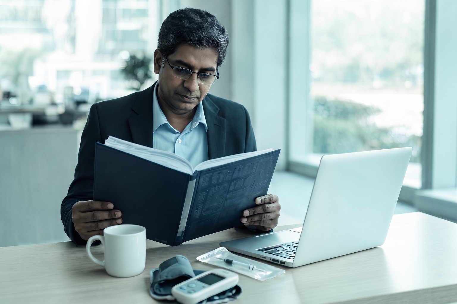 A compliance professional in India reviewing a technical file beside medical device samples, the master file step in LexComply's MD-5 licence process