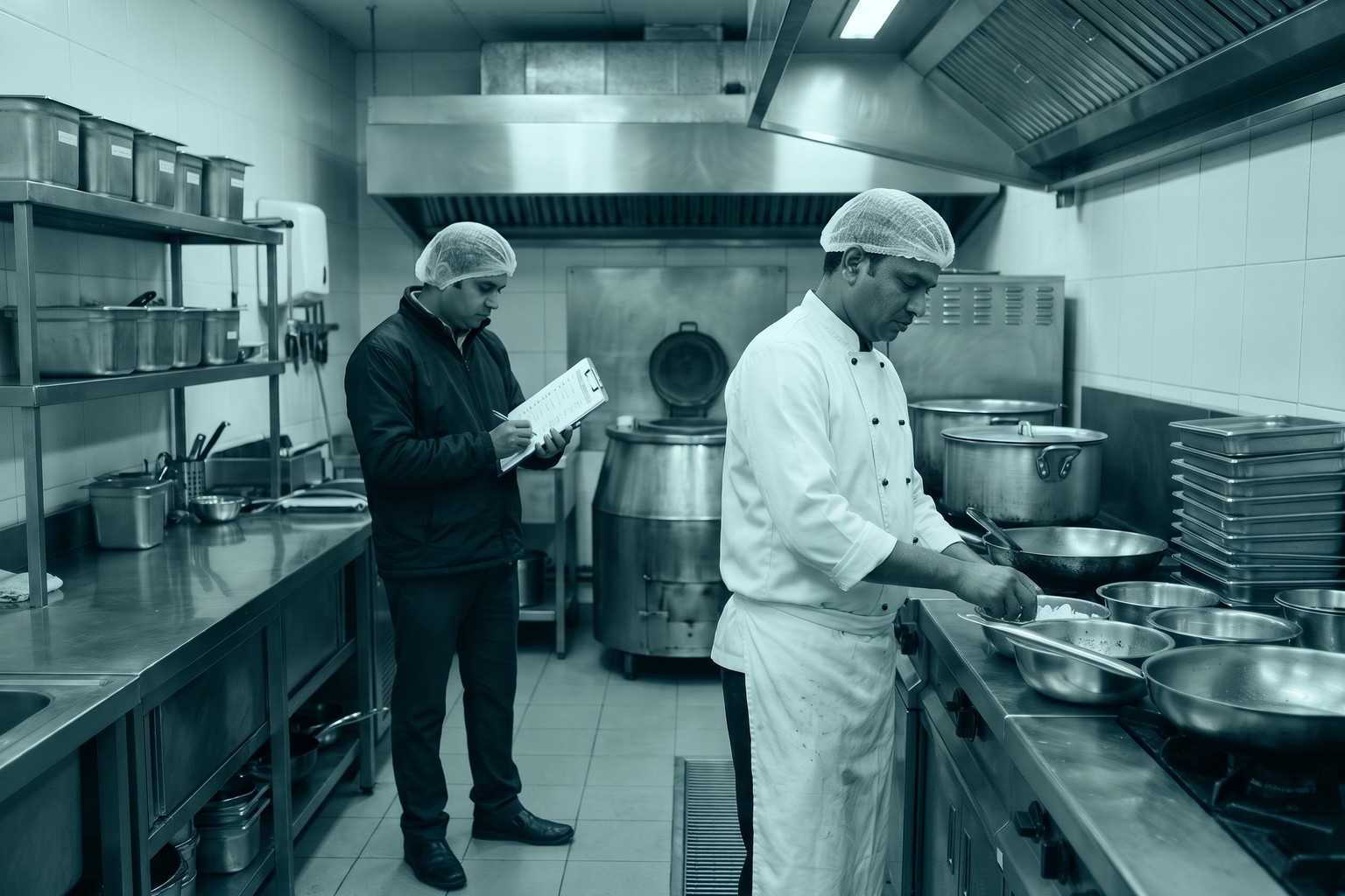 A compliance professional reviewing a checklist in a Delhi commercial kitchen, the document and inspection-readiness step in LexComply's health trade licence process