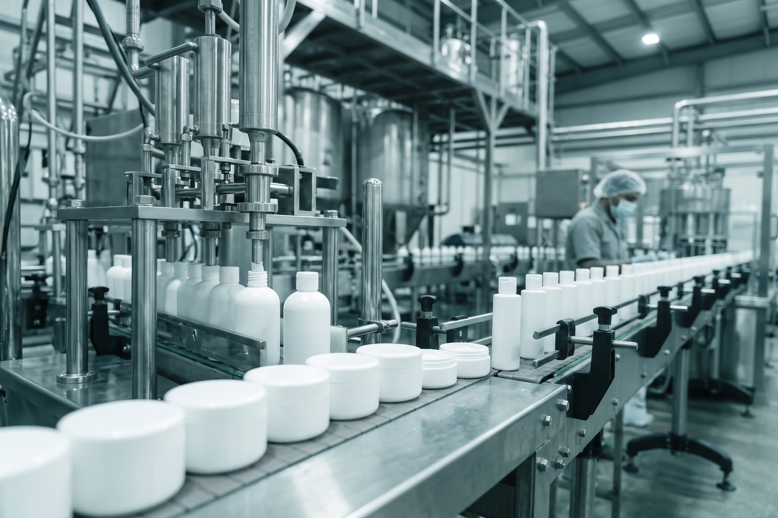 Cream jars and lotion bottles on a filling line in a cosmetics manufacturing plant in India, representing LexComply's cosmetic manufacturing license services