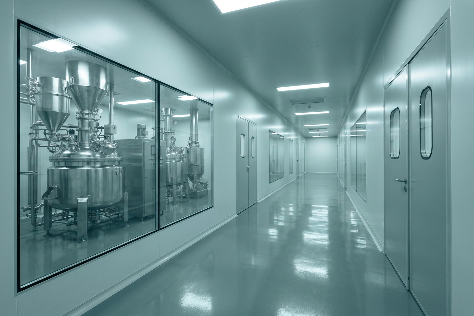 A clean pharmaceutical production corridor with mixing vessels behind glass, prepared for the inspection that precedes a drug manufacturing licence grant in India