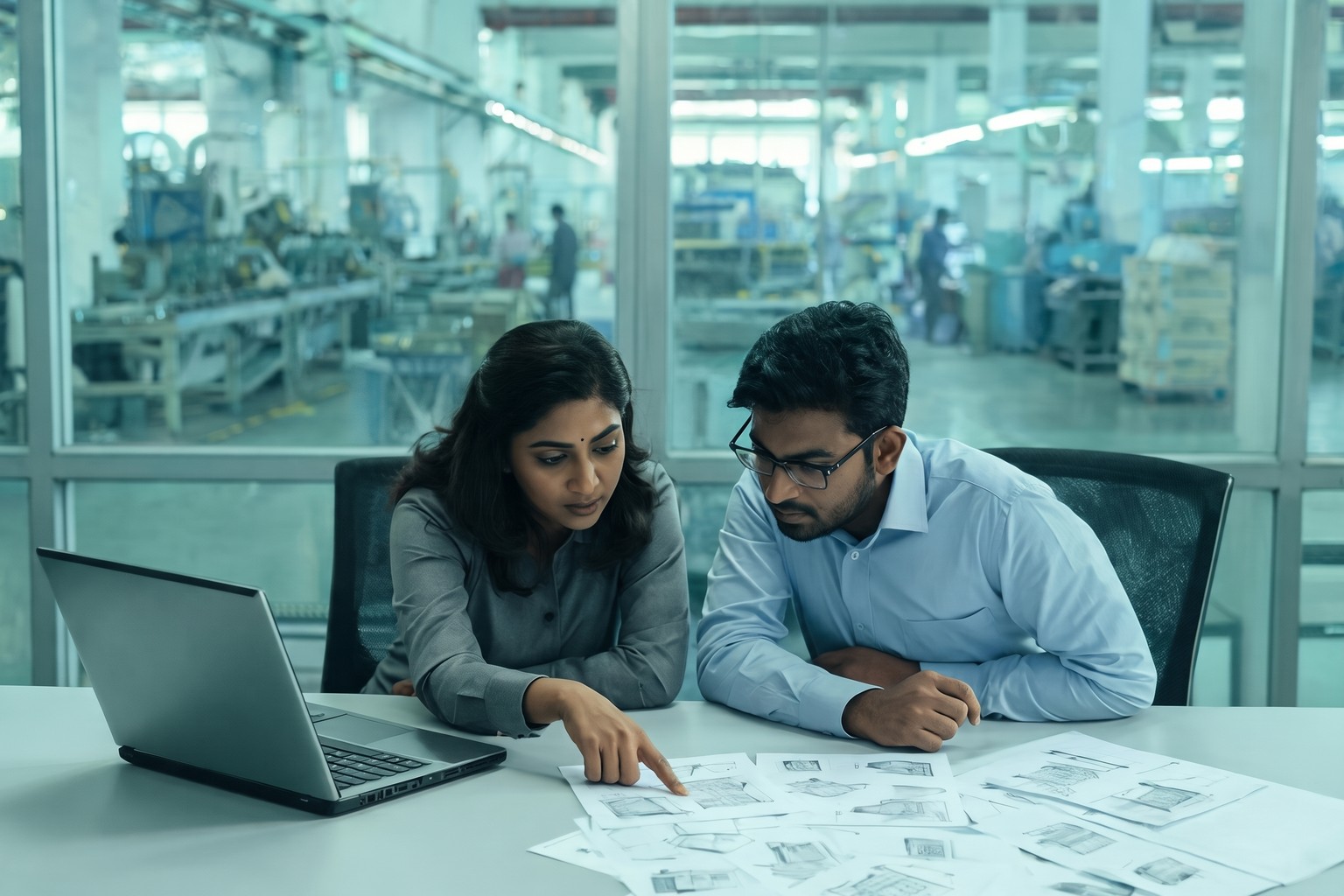 Two professionals in a factory office reviewing product and packaging documents for EPR compliance in India