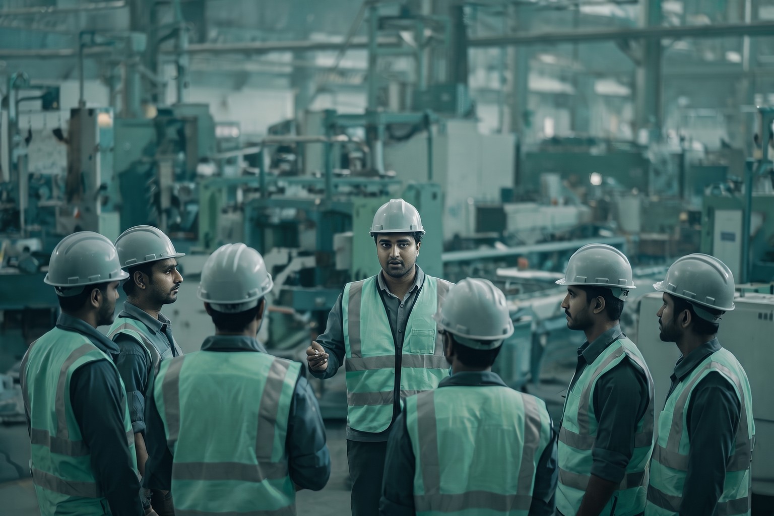 A supervisor briefing production workers on an Indian factory floor, the establishment-level labour obligations a labour law consultant maps for employers