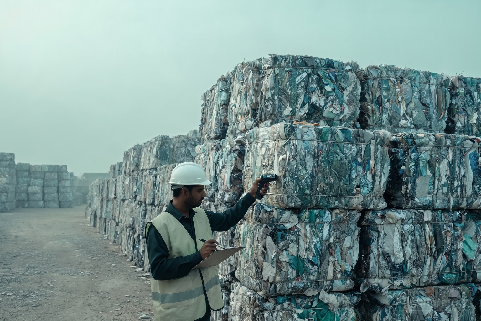 An inspector checking bales of sorted plastic packaging at a recycling yard in India, the source of the certificates producers use to meet EPR targets