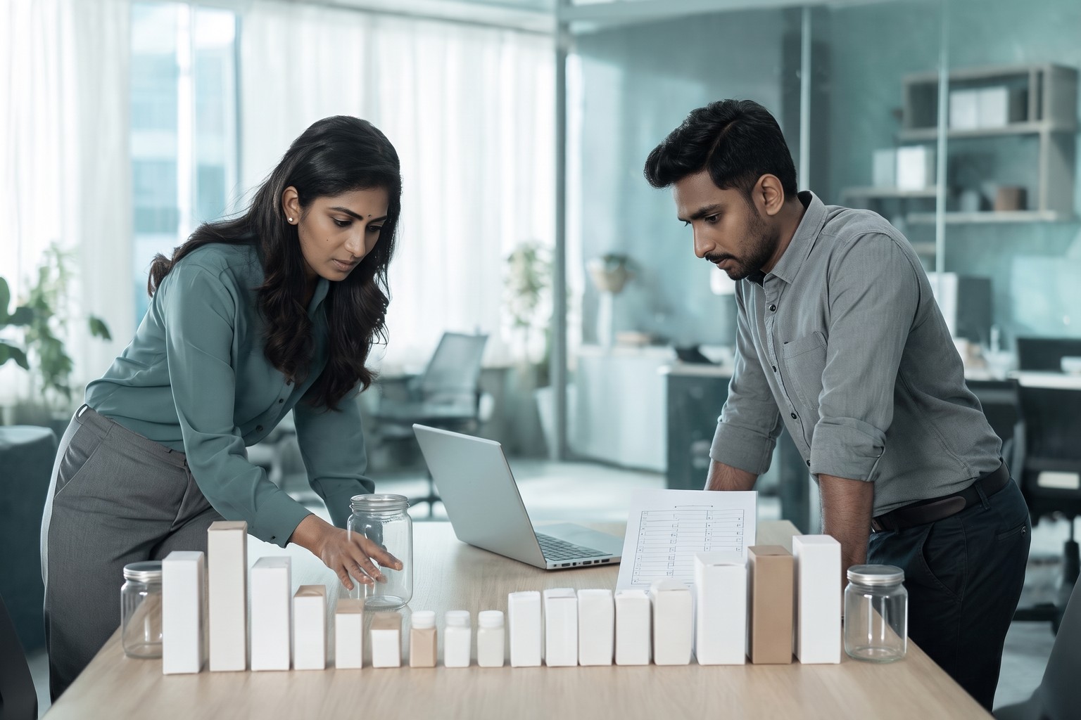 Two compliance professionals in India reviewing packaged product cartons and jars against a checklist, representing LexComply's LMPC consultant services for multi-State businesses