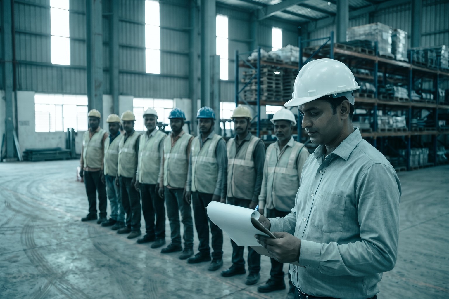 A contractor's site supervisor checking a line of contract workers in safety helmets at a warehouse, representing LexComply's labour license consultant services in Delhi and Mumbai