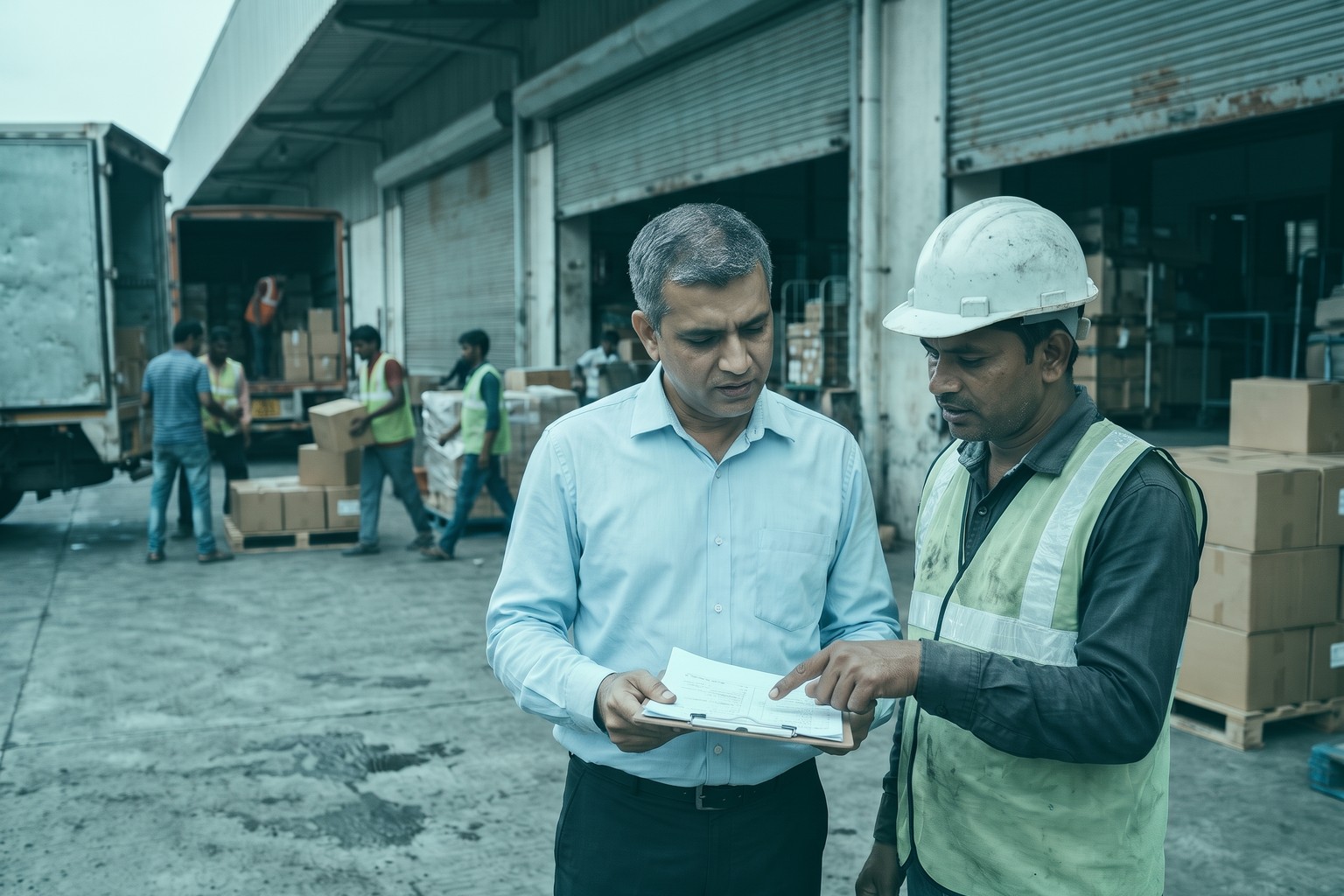 A facility manager and a labour contractor reviewing a work order at a Mumbai warehouse loading bay, where a principal employer engages licensed contract labour