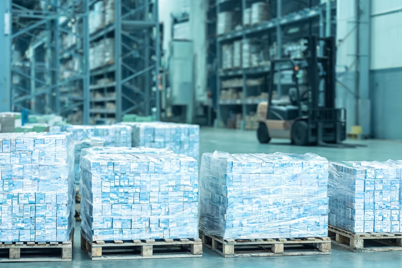 Pallets of imported cosmetic cartons in a bonded warehouse in India, where imported cosmetics are held before sale