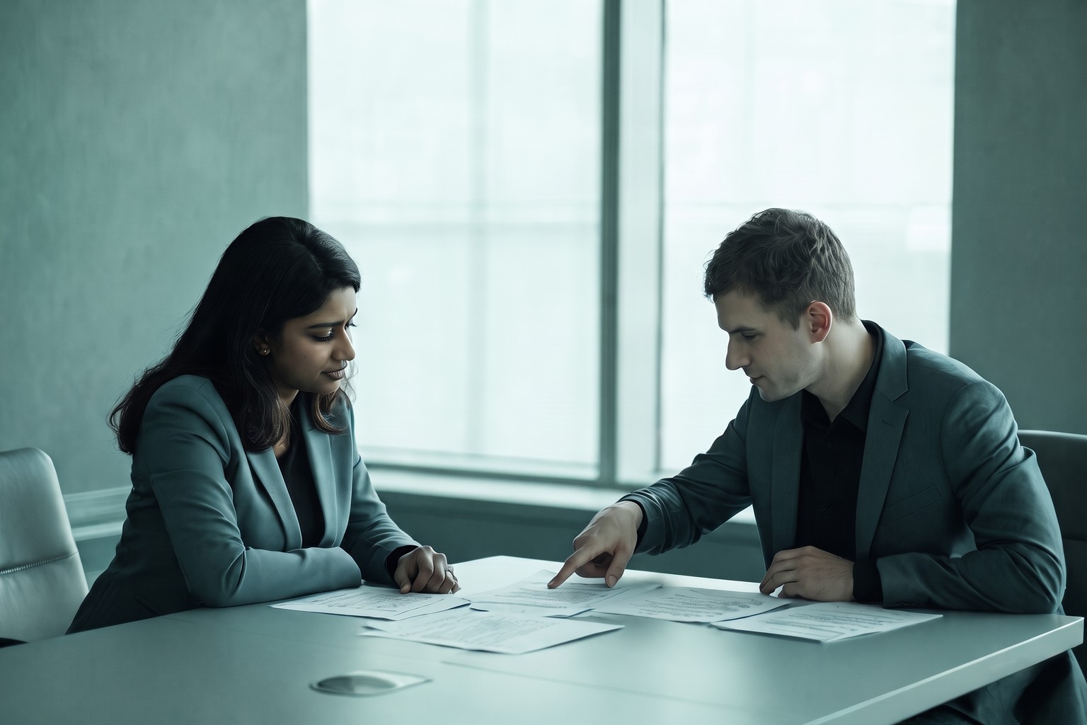 An HR head and a labour law consultant reviewing employment policy documents at a table in India, the policy review LexComply carries out for employers