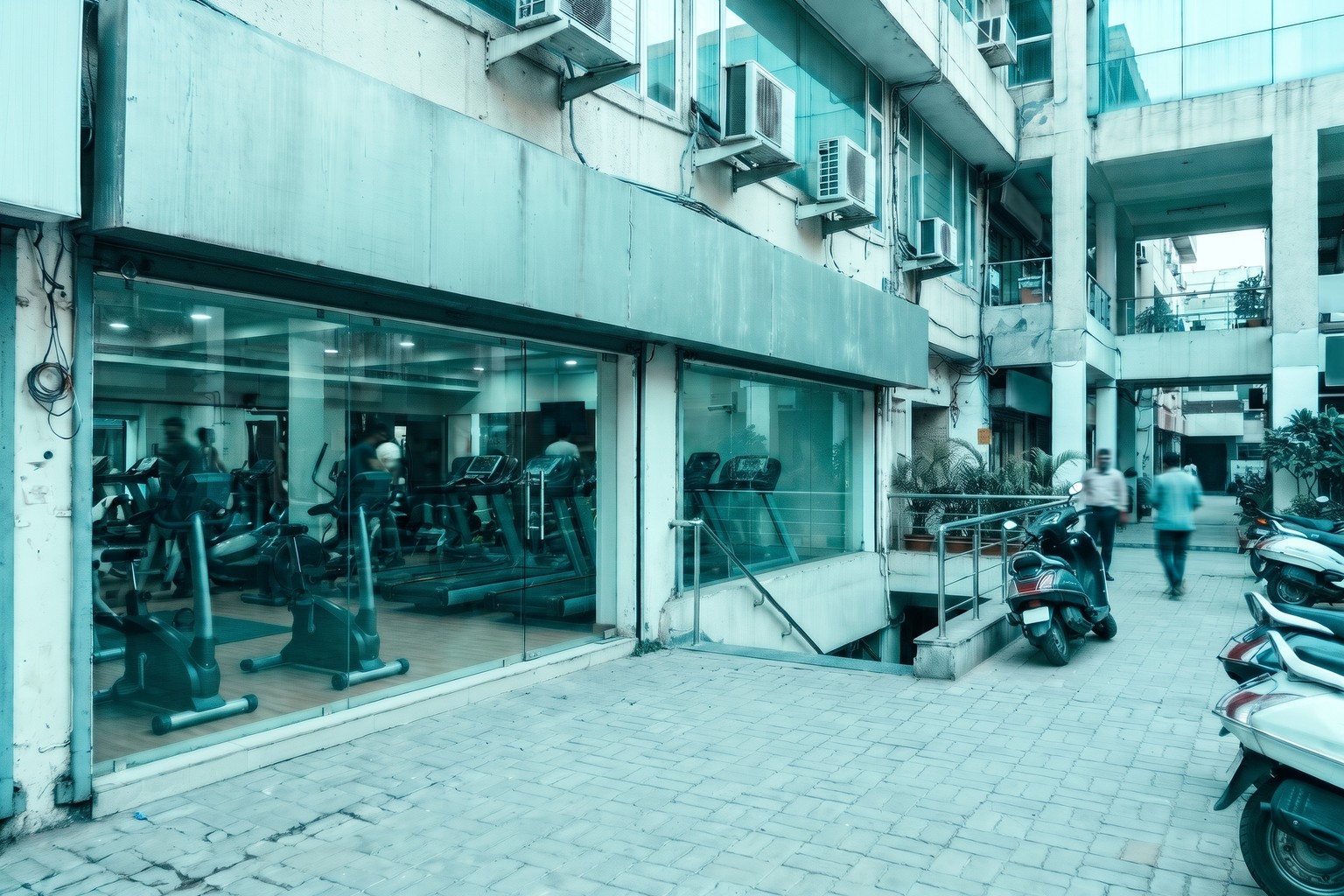 A ground-floor gym in a Delhi commercial complex with a stairway to a basement level, the kind of premises where floor and fire NOC rules shape the licence