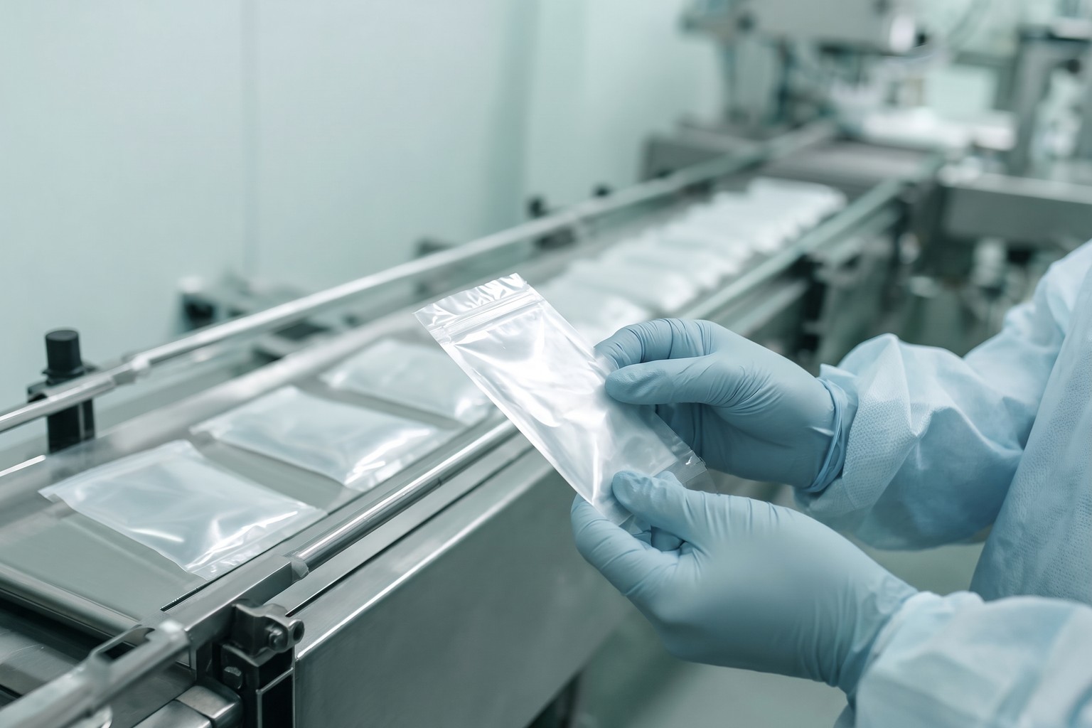 Gloved hands checking a sealed sterile pouch on a medical device packaging line in an Indian factory