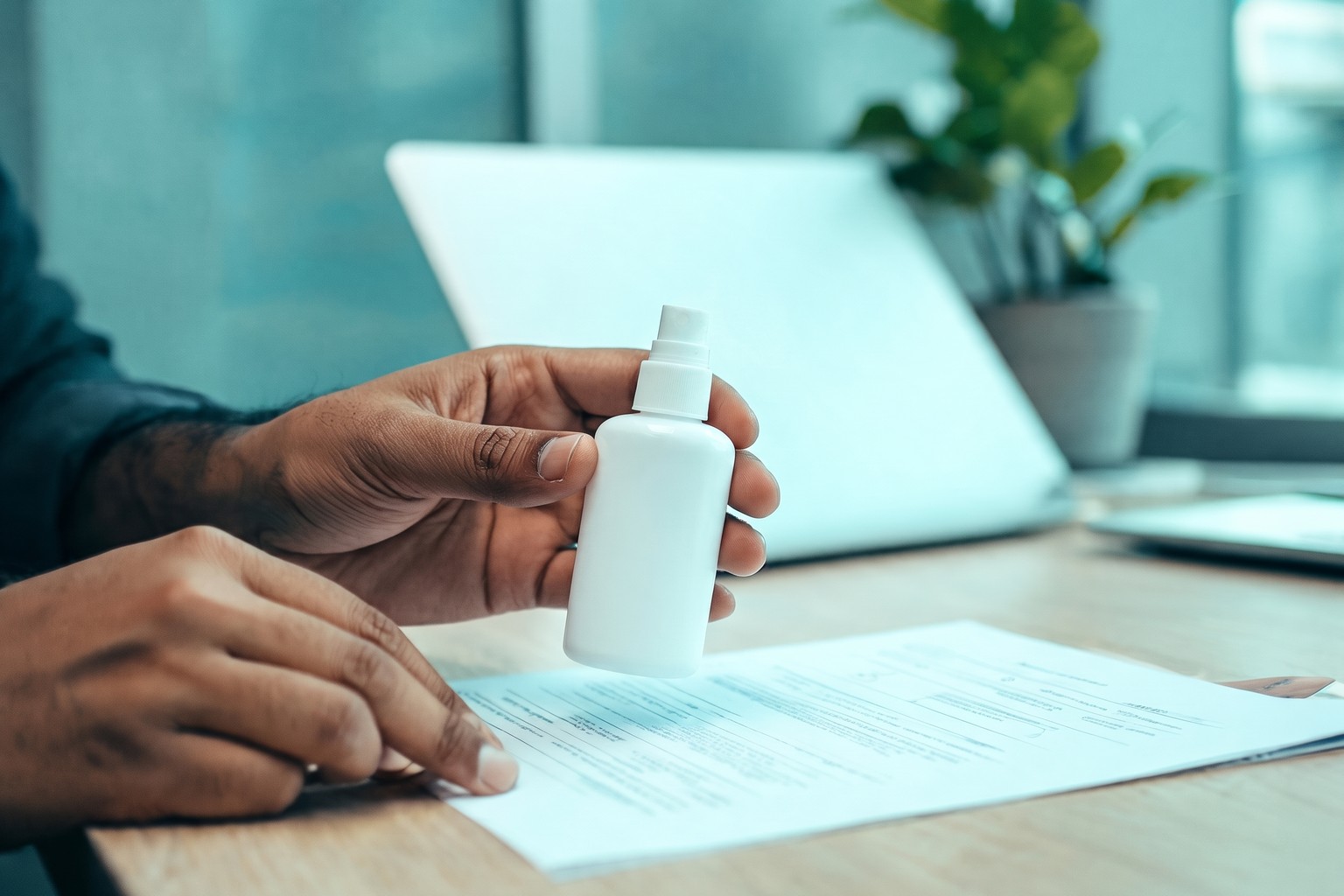 A compliance professional in India checking a cosmetic bottle's label against application documents, the label review step in LexComply's cosmetic import registration process