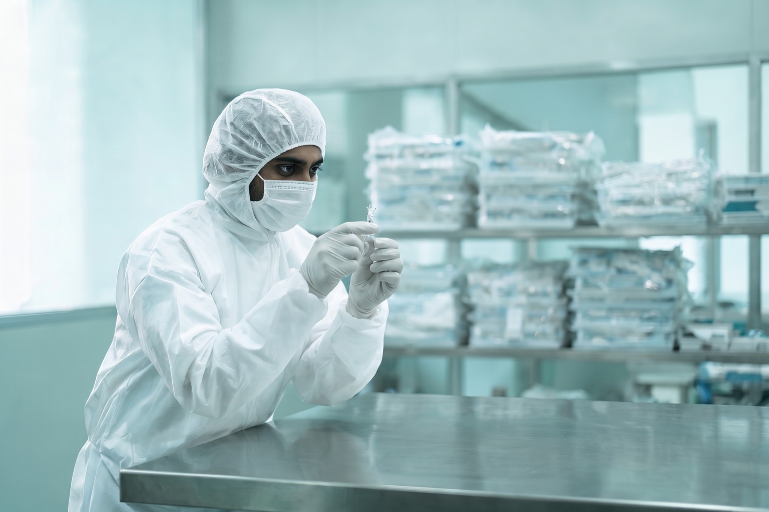 A technician in a cleanroom gown inspecting a sterile medical device at a manufacturing plant in India, representing LexComply's medical device manufacturing license services