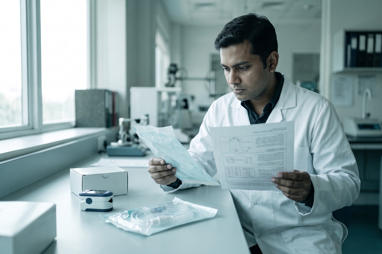 A regulatory affairs professional in an Indian medical device quality lab checking a sterile device pouch against its technical document, representing LexComply's medical device registration services in India