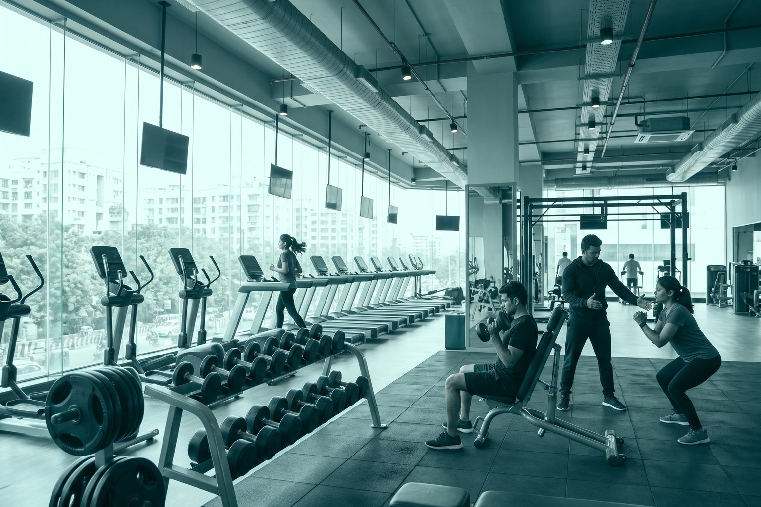 Members training with a trainer in a modern fitness centre, representing LexComply's trade license for gym services in Delhi and Mumbai