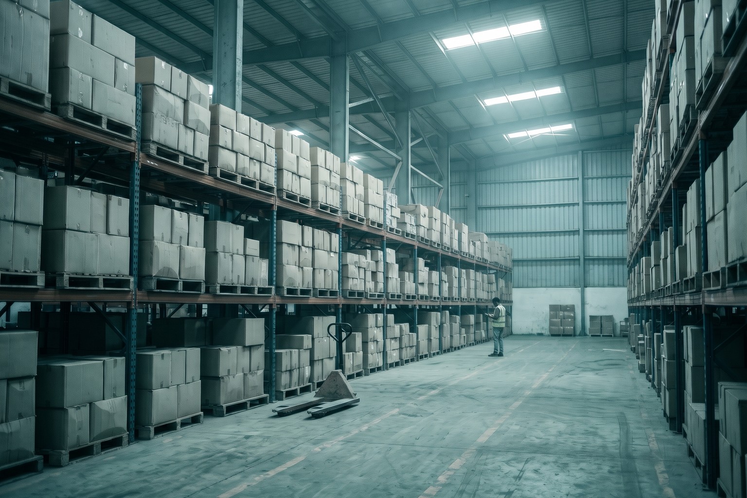 Rows of cartons on pallets in an import warehouse in India, the kind of business that needs an active Importer-Exporter Code and linked product registrations