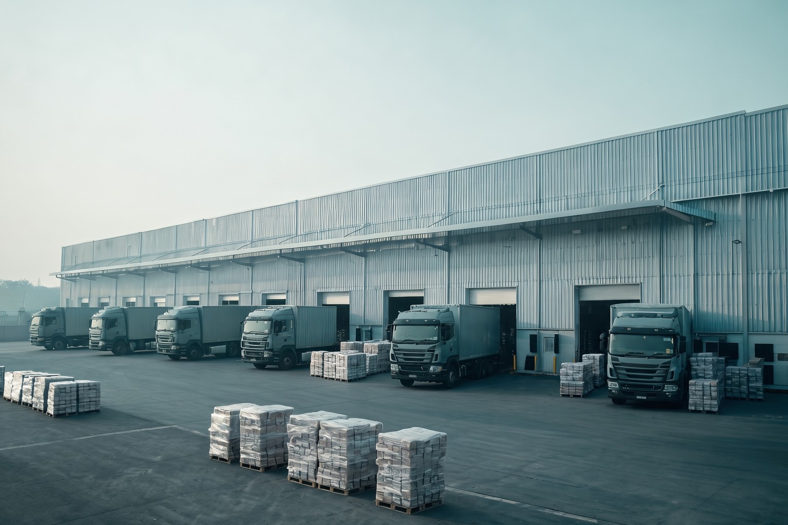 Trucks at the loading bays of a distribution warehouse in India with pallets of packaged goods, the multi-State operations an LMPC consultant keeps compliant