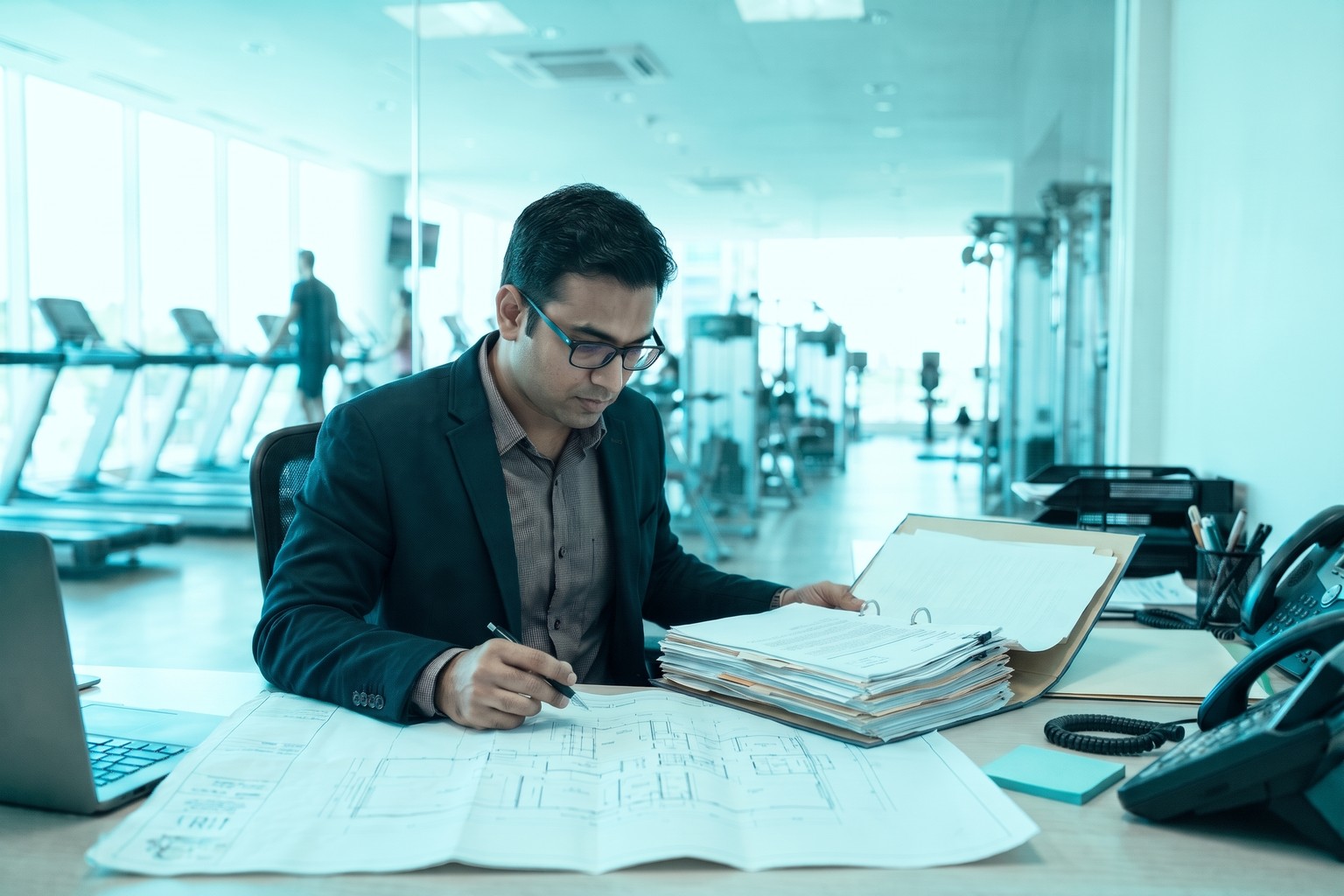 A compliance professional reviewing a gym's site plan and application file, the document preparation step for a health trade licence for gym