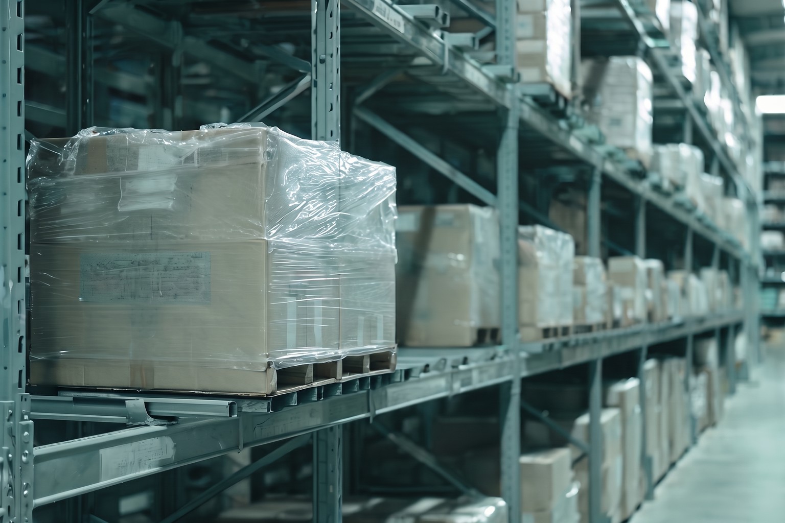 Imported pre-packed goods stacked on warehouse racking in India, the declaration panel in focus, representing LexComply's LMPC registration services for importers, manufacturers and packers
