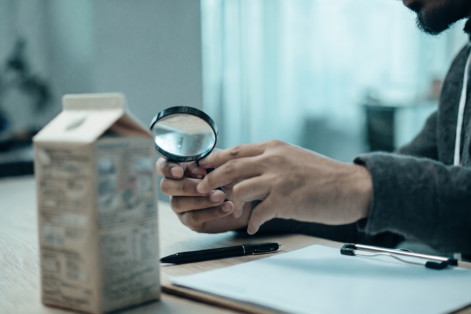 A reviewer in India inspecting the declaration panel of a packaged carton with a magnifying glass, the label review step of LexComply's legal metrology consulting work