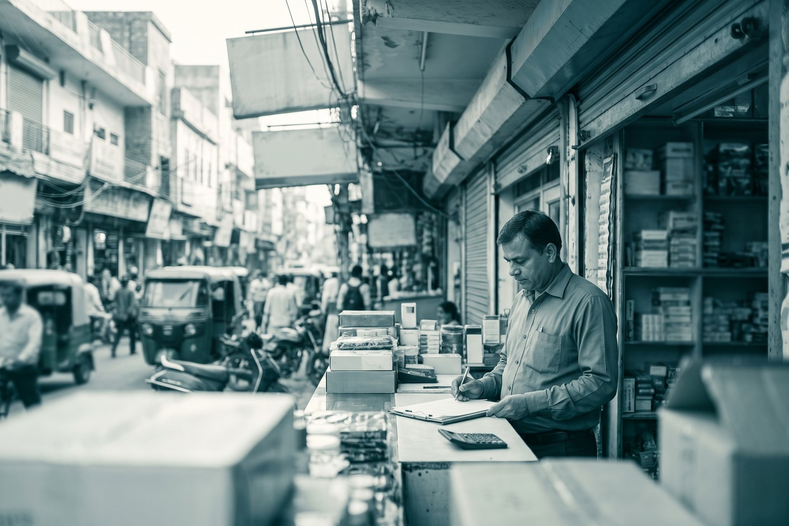 A shop owner checking papers at the counter of a retail store on a Delhi market street, representing LexComply's MCD trade license consultant services in Delhi