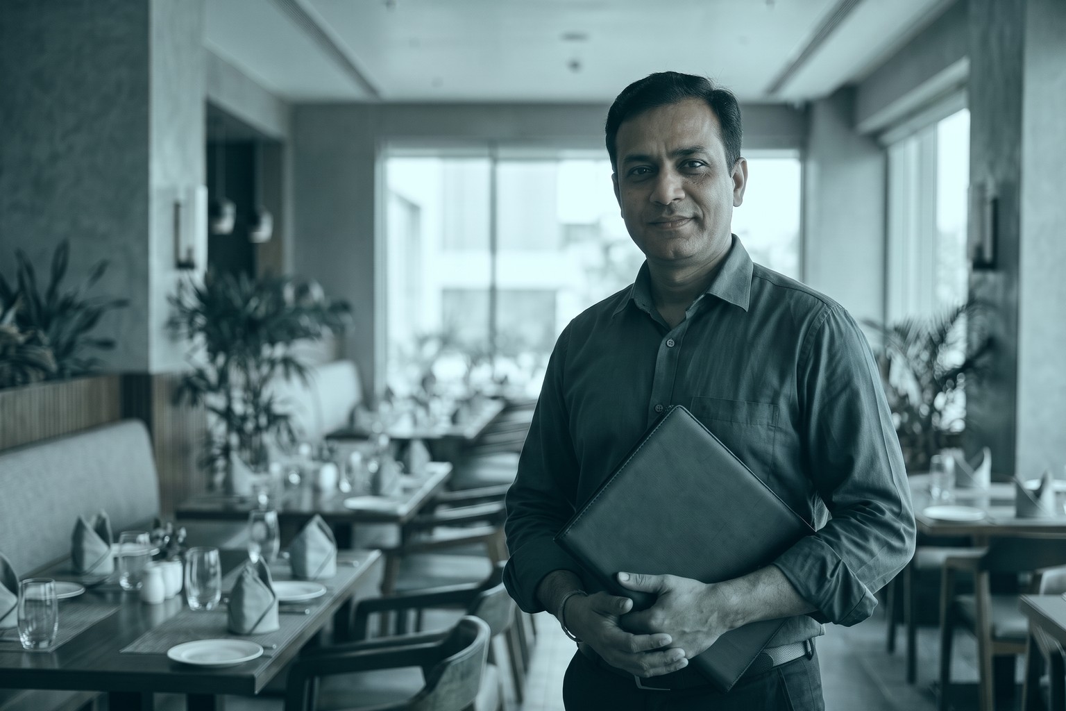 A restaurant owner in Delhi holding a licence folder, the kind of food business that now uses its FSSAI registration as a deemed health trade licence in MCD areas
