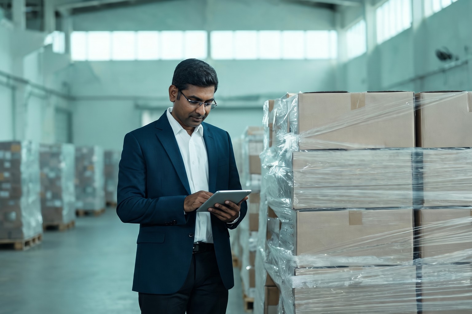 A compliance manager reviewing EPR obligations on a tablet beside pallets of packaged goods, representing LexComply's EPR consultant services for producers and importers in India