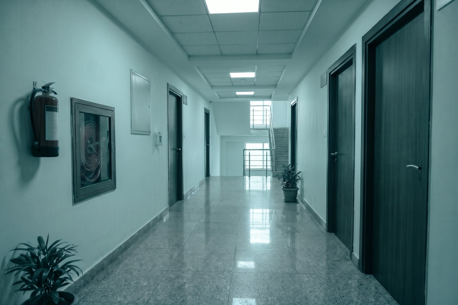 Corridor of a multi-storey medical building with a fire extinguisher and hose reel cabinet, the fire safety side of opening a clinic in Delhi or Mumbai