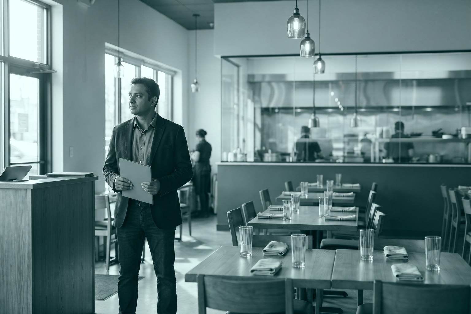 A restaurant owner with a licence folder in an empty dining room before opening, representing LexComply's trade license for restaurant services in Delhi and Mumbai