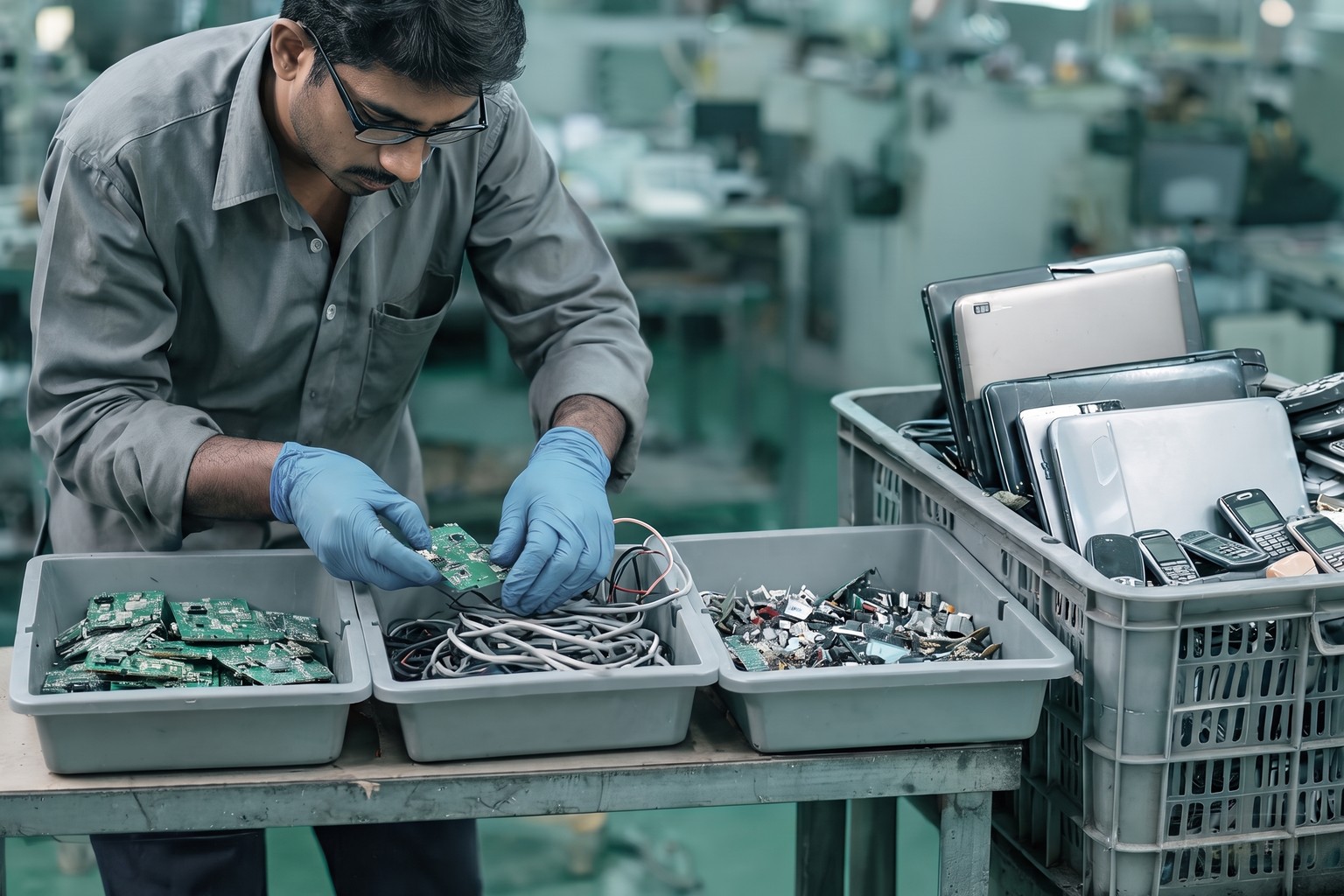 A technician separating circuit boards and cables at an e-waste recycling bench in India, one of the EPR streams with quarterly producer returns
