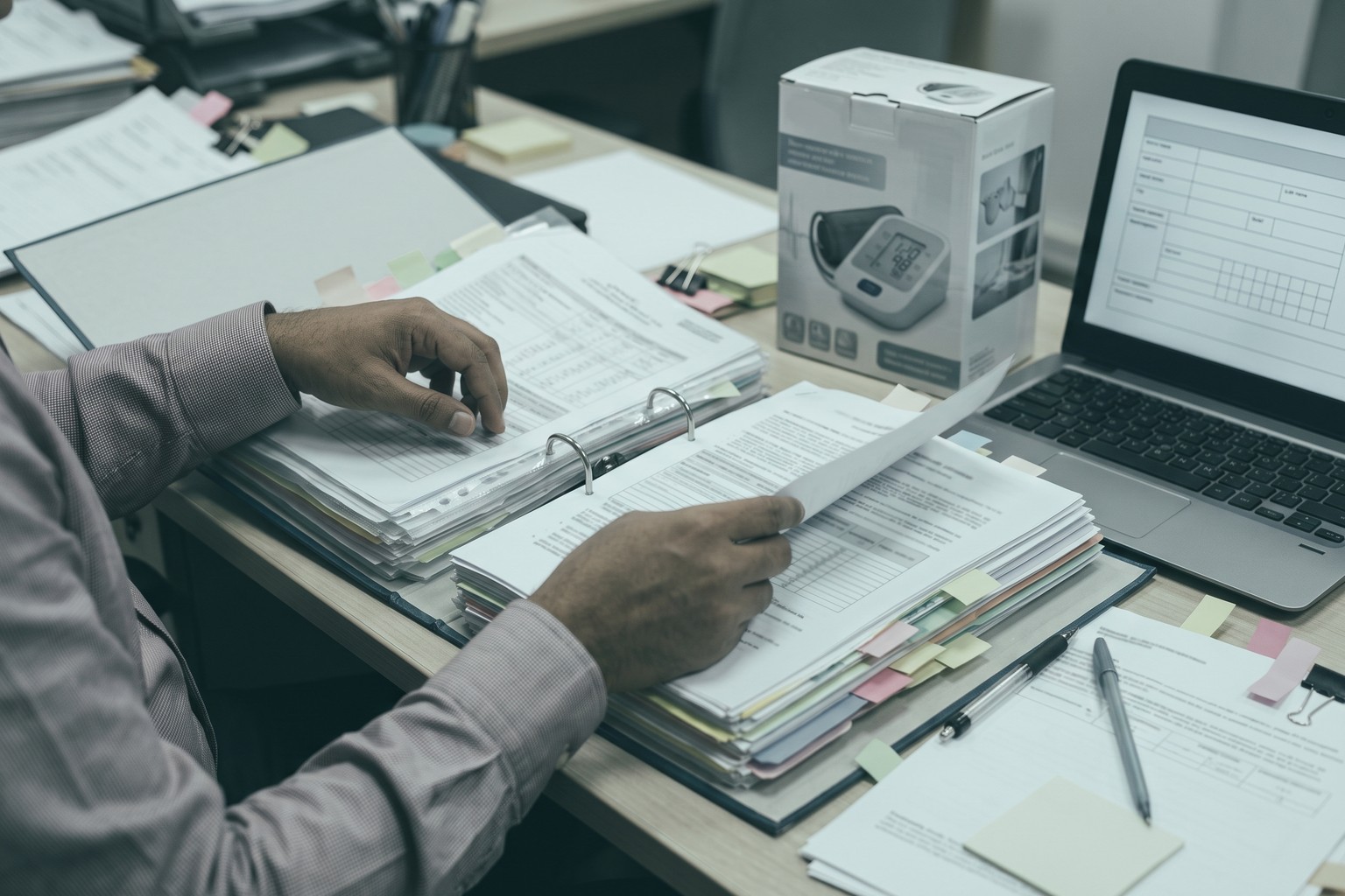 A compliance specialist in India working through a medical device technical file beside a boxed blood pressure monitor, the dossier preparation step of medical device registration