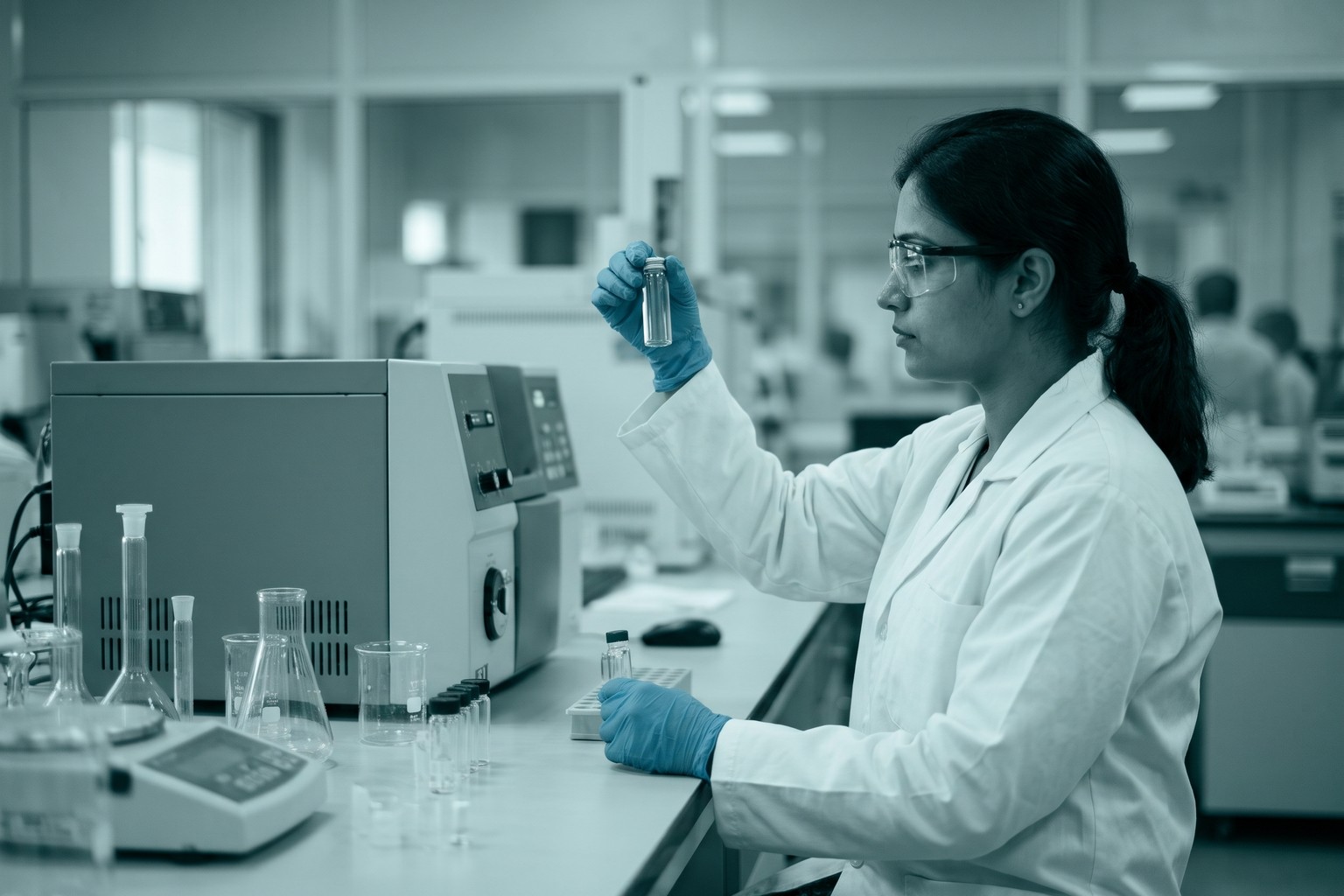 A quality analyst in an Indian pharmaceutical laboratory examining a sample vial, the testing staff and facilities step in LexComply's drug manufacturing license process