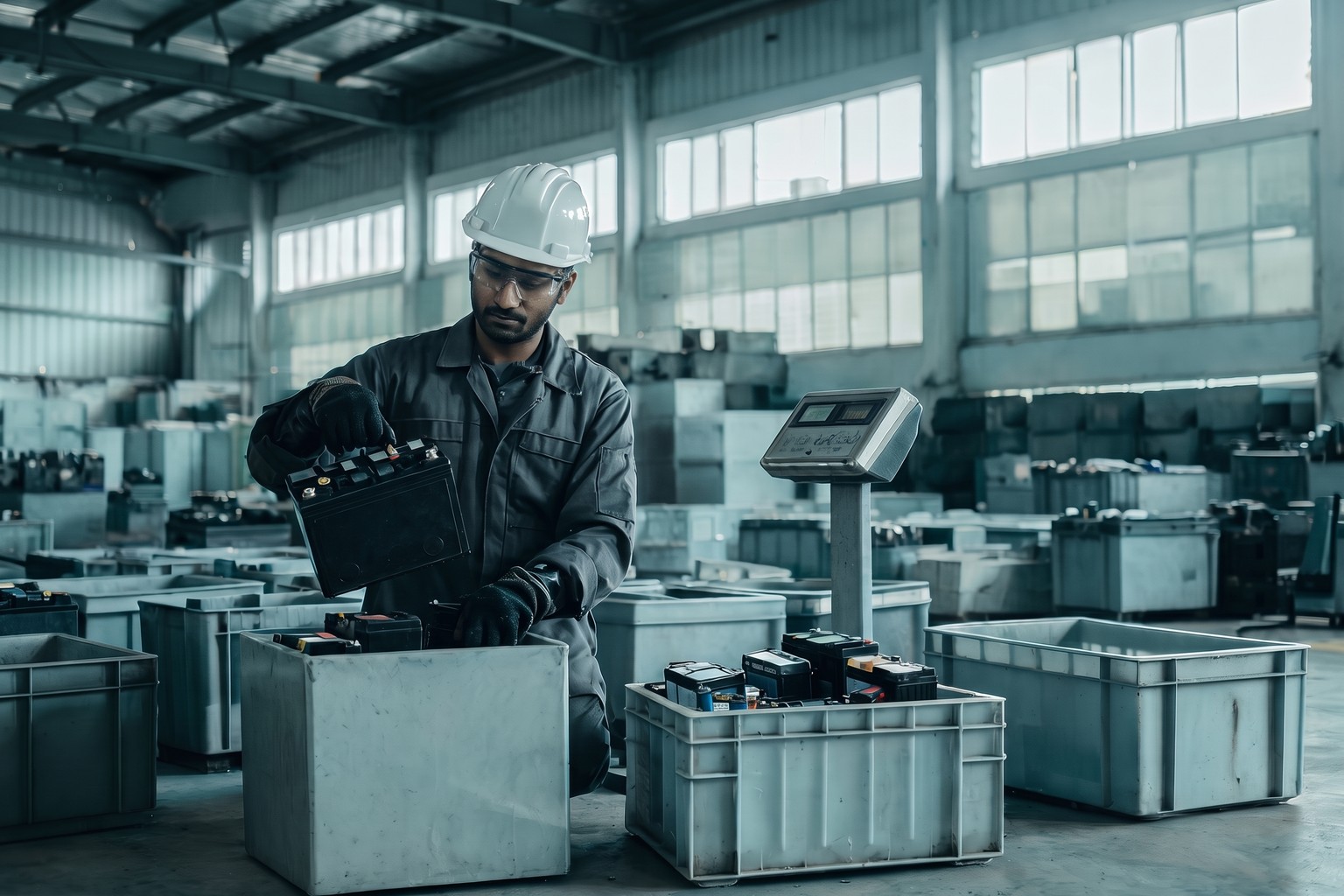 A worker sorting used automotive and portable batteries into crates at a battery recycling facility in India, where EPR certificates for battery producers are generated