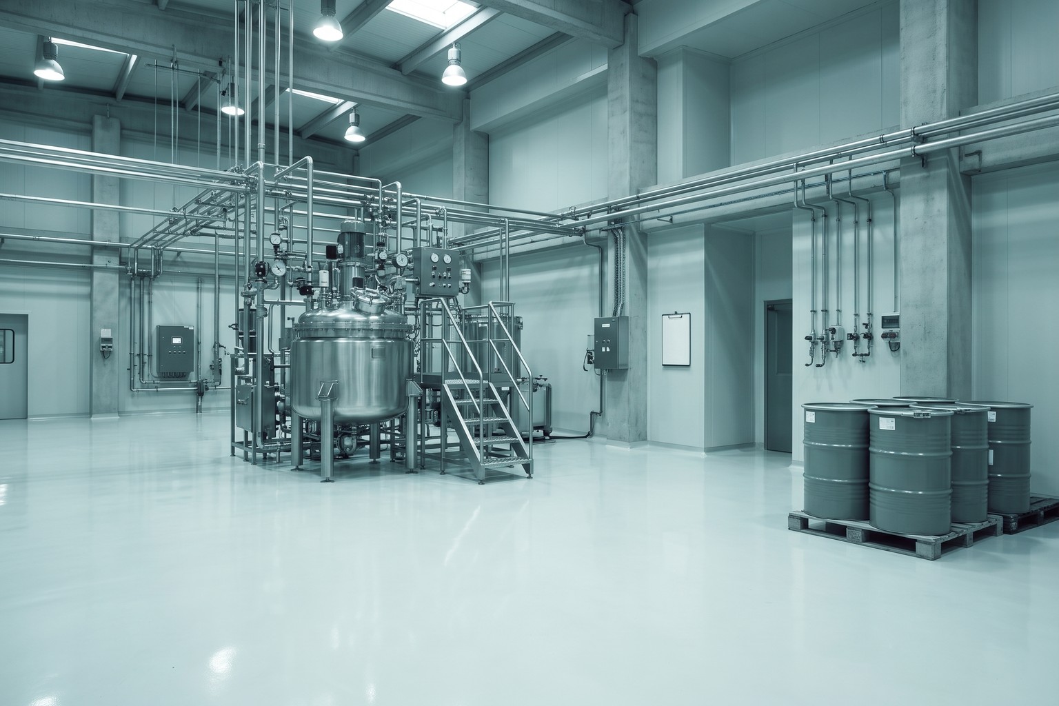 A clean cosmetics production room with a mixing vessel and sealed drums, prepared for the premises inspection that follows a cosmetic manufacturing licence grant in India
