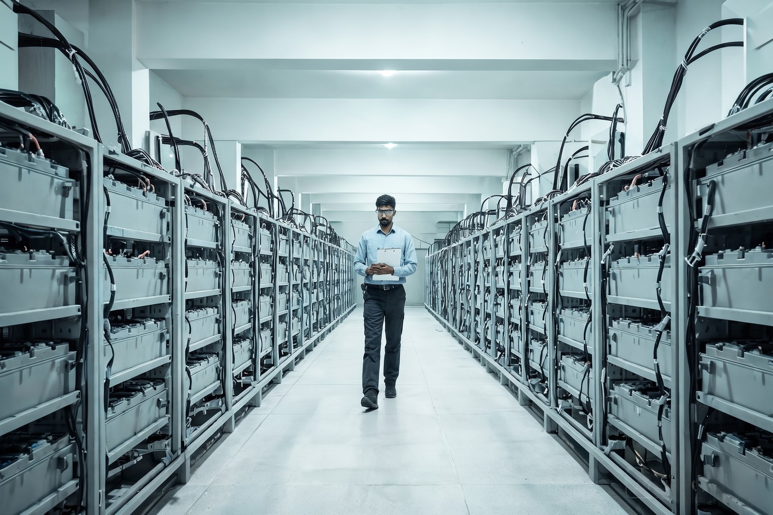 An engineer walking between rows of industrial battery energy storage racks in India, one of the battery categories covered by battery EPR