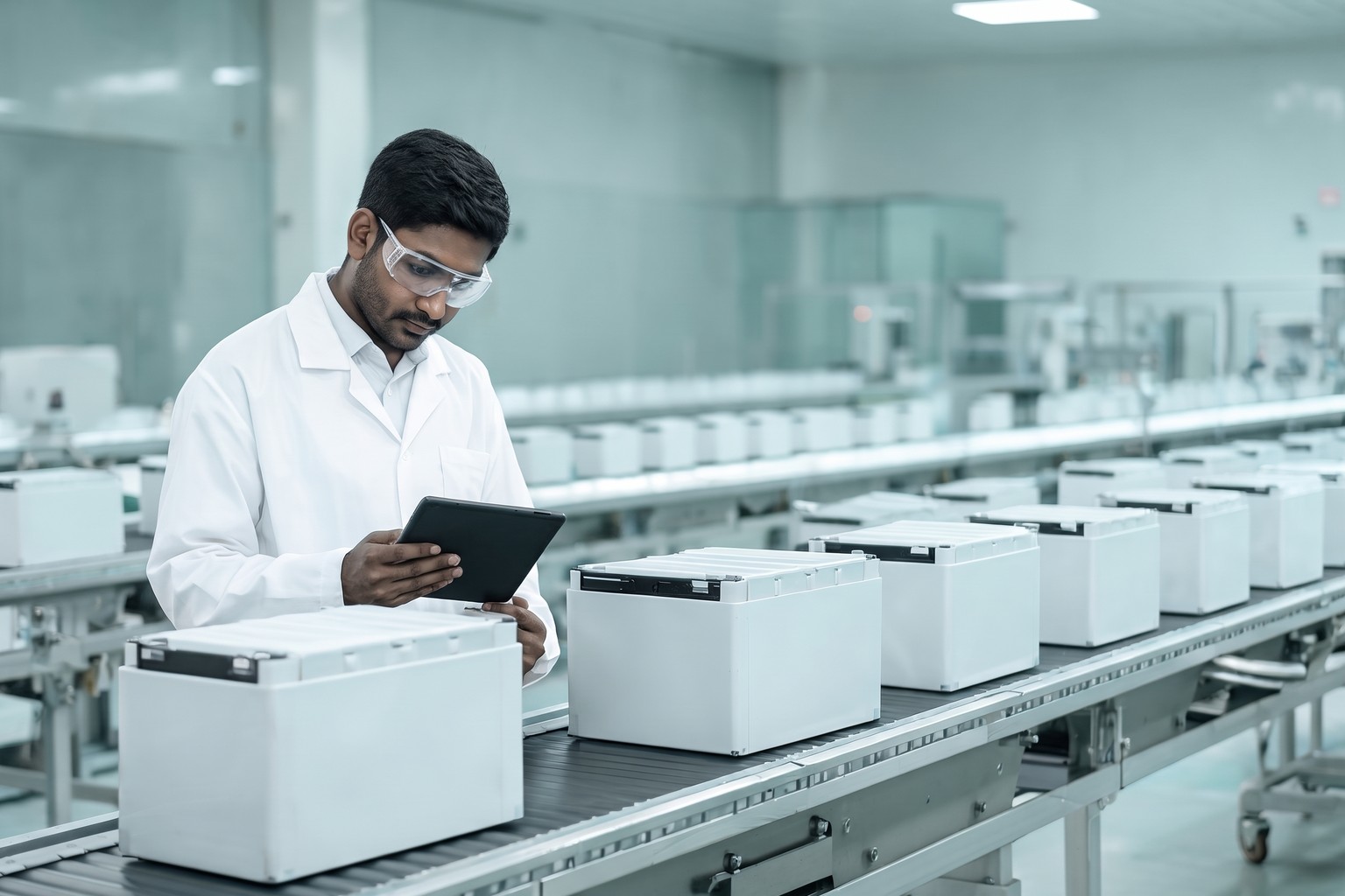 A quality inspector checking finished lithium-ion battery packs on an assembly line in India, representing LexComply's battery EPR registration services for producers and importers
