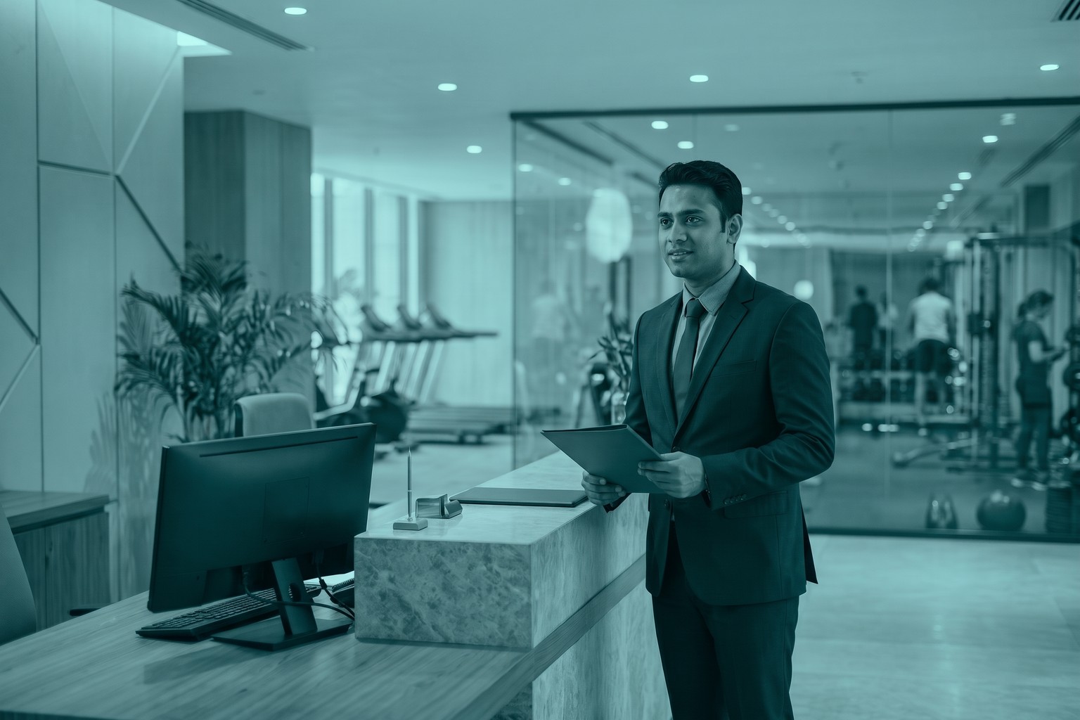 A hotel manager at the reception of a Delhi hotel with a gym behind glass, representing LexComply's health trade license service for MCD businesses in Delhi